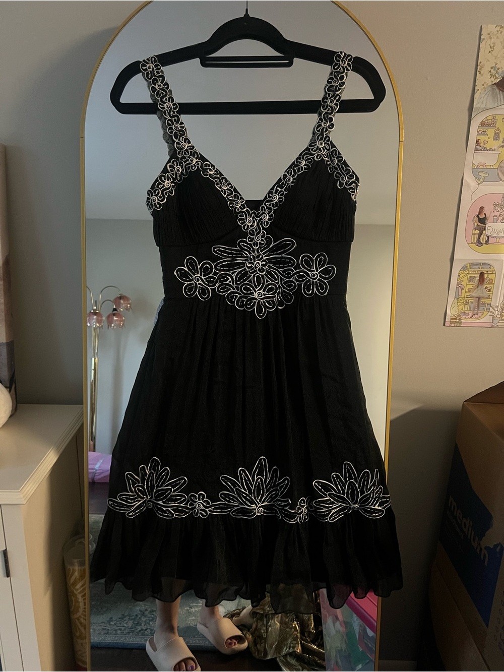 Sue Wong Black Mini Dress with White Floral Embroidery